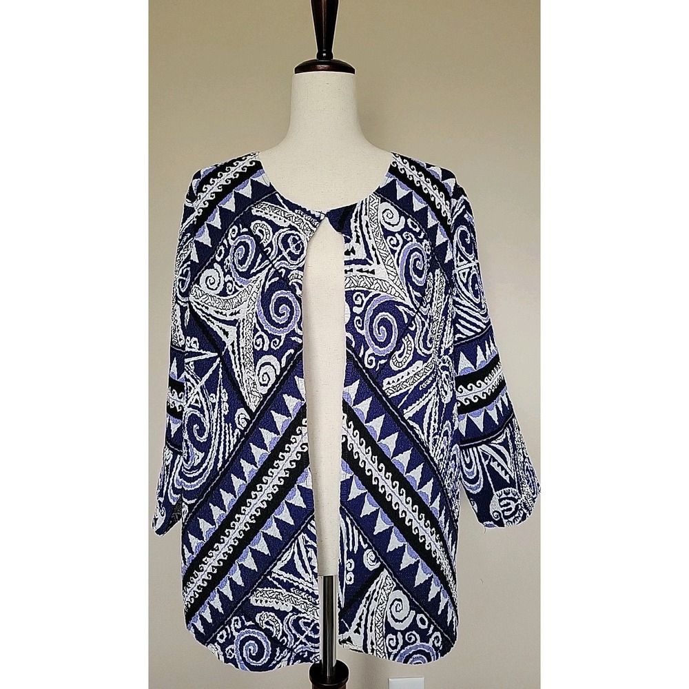Travelers by Chicos Open Front Cardigan Top Sz 2 Artsy Crinkle Abstract Purple